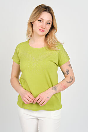 Ella Camelia Kadın Düşük Kollu Taş Süsleme Detaylı Bisiklet Yaka Bluz 24E116 Açık Yeşil
