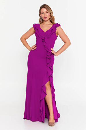 Şeref Vural Kadın Büyük Beden Fırfır Detaylı Balık Form Abiye Elbise 8329 Orkide