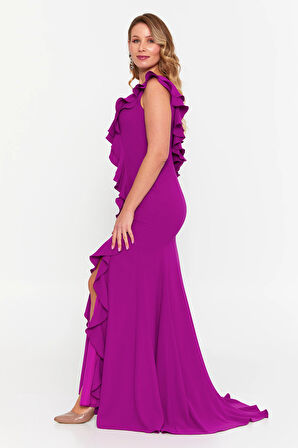 Şeref Vural Kadın Büyük Beden Fırfır Detaylı Balık Form Abiye Elbise 8329 Orkide