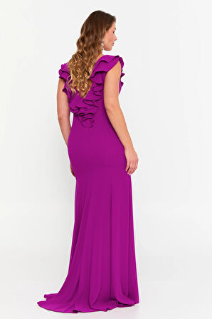 Şeref Vural Kadın Büyük Beden Fırfır Detaylı Balık Form Abiye Elbise 8329 Orkide