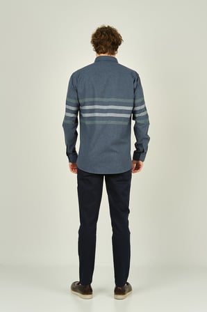 Megaldi Erkek Slim Fit İnce Blok Desenli Pamuklu Uzun Kol Gömlek 1100 İndigo Yeşil