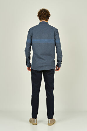 Megaldi Erkek Slim Fit Blok Desenli Pamuklu Uzun Kol Gömlek 1200 İndigo Mavi