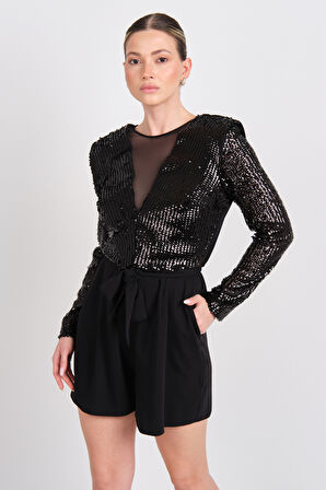 Explosion Kadın Ön - Arka Derin V Yaka ve Transparan Payetli Kısa Abiye Tulum 2419 Siyah