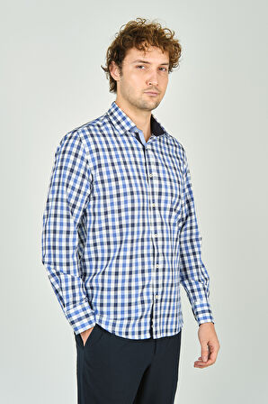 De Leone Erkek Slim Fit Kareli Uzun Kollu %100 Pamuk Gömlek 2240 Mavi