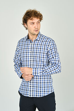 De Leone Erkek Slim Fit Kareli Uzun Kollu %100 Pamuk Gömlek 2240 Mavi