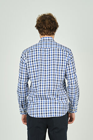 De Leone Erkek Slim Fit Kareli Uzun Kollu %100 Pamuk Gömlek 2240 Mavi