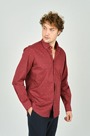 De Leone Erkek Slim Fit Desenli Uzun Kollu %100 Pamuk Gömlek 2045 Kırmızı