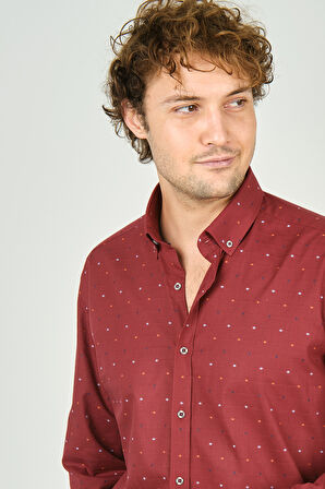 De Leone Erkek Slim Fit Desenli Uzun Kollu %100 Pamuk Gömlek 2045 Kırmızı