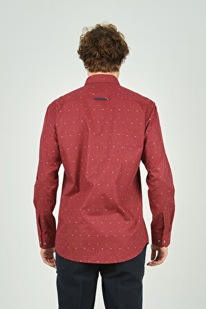 De Leone Erkek Slim Fit Desenli Uzun Kollu %100 Pamuk Gömlek 2045 Kırmızı