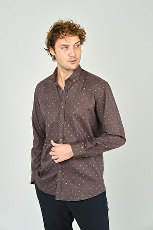 De Leone Erkek Slim Fit Desenli Uzun Kollu %100 Pamuk Gömlek 2045 Kahverengi