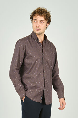 De Leone Erkek Slim Fit Desenli Uzun Kollu %100 Pamuk Gömlek 2045 Kahverengi