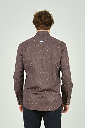 De Leone Erkek Slim Fit Desenli Uzun Kollu %100 Pamuk Gömlek 2045 Kahverengi