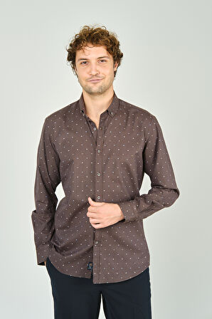 De Leone Erkek Slim Fit Desenli Uzun Kollu %100 Pamuk Gömlek 2045 Kahverengi