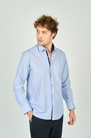 De Leone Erkek Slim Fit Uzun Kollu %100 Pamuk Gömlek 2008 Açık Mavi