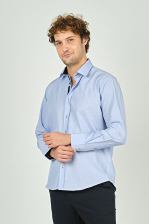 De Leone Erkek Slim Fit Uzun Kollu %100 Pamuk Gömlek 2008 Açık Mavi
