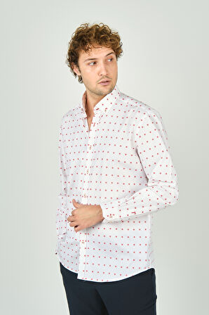 De Leone Erkek Slim Fit Uzun Kollu Desenli %100 Pamuk Gömlek 2043 Kırmızı