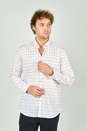 De Leone Erkek Slim Fit Uzun Kollu Desenli %100 Pamuk Gömlek 2043 Kırmızı