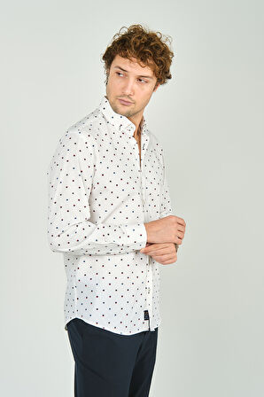 De Leone Erkek Slim Fit Desenli Uzun Kol %100 Pamuk Gömlek 2041 Ekru