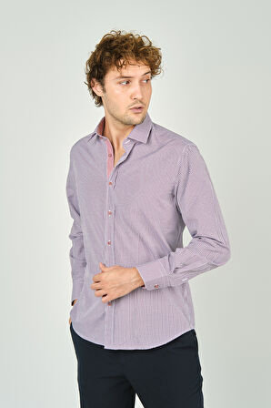 De Leone Erkek Slim Fit Ekoseli Uzun Kollu %100 Pamuk Gömlek 2060 Bordo