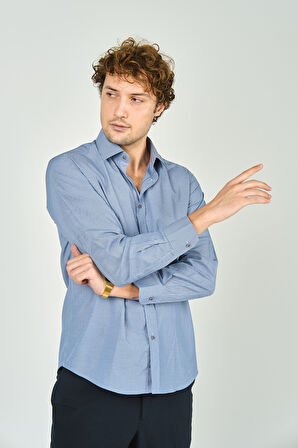 De Leone Erkek Slim Fit Ekoseli Uzun Kollu %100 Pamuk Gömlek 2062 Mavi