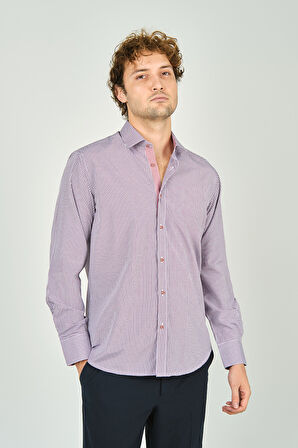 De Leone Erkek Slim Fit Ekoseli Uzun Kollu %100 Pamuk Gömlek 2060 Bordo