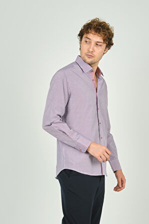 De Leone Erkek Slim Fit Ekoseli Uzun Kollu %100 Pamuk Gömlek 2060 Bordo