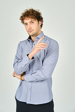 De Leone Erkek Slim Fit Uzun Kollu %100 Pamuk Gömlek 2008 Mavi