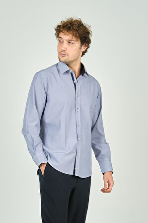 De Leone Erkek Slim Fit Uzun Kollu %100 Pamuk Gömlek 2008 Mavi