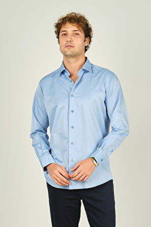 Figs Erkek Slim Fit Uzun Kollu Pamuklu Parlak Kumaş Gömlek 0013 Mavi