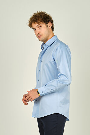 Figs Erkek Slim Fit Uzun Kollu Pamuklu Parlak Kumaş Gömlek 0013 Mavi
