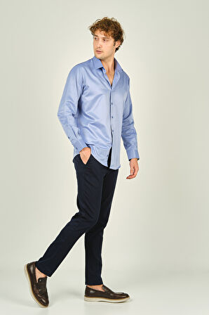 Figs Erkek Slim Fit Uzun Kollu Pamuklu Parlak Kumaş Gömlek 0013 Koyu Mavi