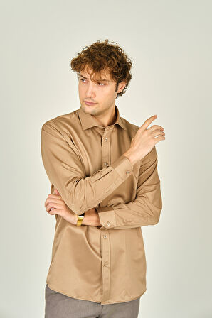 Figs Erkek Slim Fit Uzun Kollu Pamuklu Parlak Kumaş Gömlek 0013 Camel
