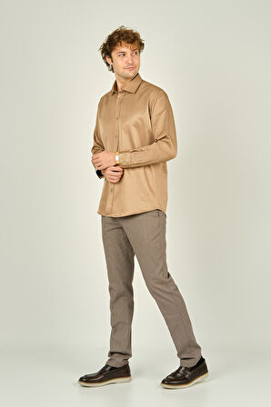 Figs Erkek Slim Fit Uzun Kollu Pamuklu Parlak Kumaş Gömlek 0013 Camel