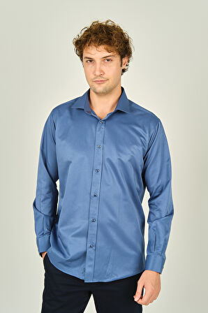 Figs Erkek Slim Fit Uzun Kollu Pamuklu Parlak Kumaş Gömlek 0013 Indigo