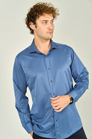 Figs Erkek Slim Fit Uzun Kollu Pamuklu Parlak Kumaş Gömlek 0013 Indigo