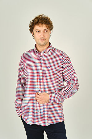 Figs Erkek Slim Fit Ekoseli Uzun Kollu %100 Pamuk Gömlek 0016 Kırmızı
