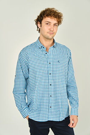 Figs Erkek Slim Fit Ekoseli Uzun Kollu %100 Pamuk Gömlek 0016 Mavi