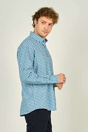 Figs Erkek Slim Fit Ekoseli Uzun Kollu %100 Pamuk Gömlek 0016 Mavi