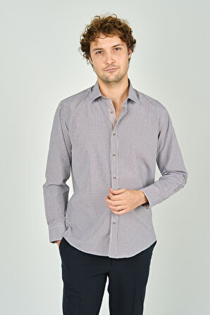 De Leone Erkek Slim Fit Ekoseli Uzun Kollu %100 Pamuk Gömlek 2060 Kahverengi