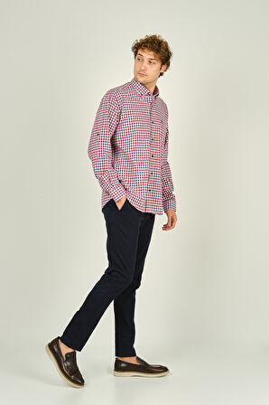 Figs Erkek Slim Fit Ekoseli Uzun Kollu %100 Pamuk Gömlek 0016 Kırmızı