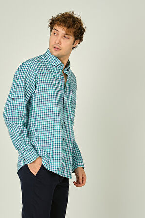 Figs Erkek Slim Fit Ekoseli Uzun Kollu %100 Pamuk Gömlek 0016 Mint