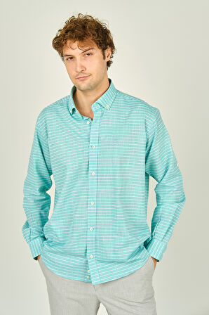 Figs Erkek Slim Fit Çizgili Uzun Kollu %100 Pamuk Gömlek 0015 Mint