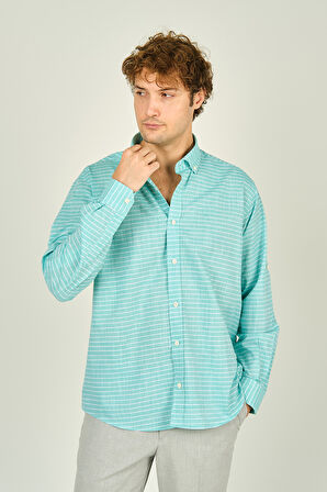 Figs Erkek Slim Fit Çizgili Uzun Kollu %100 Pamuk Gömlek 0015 Mint