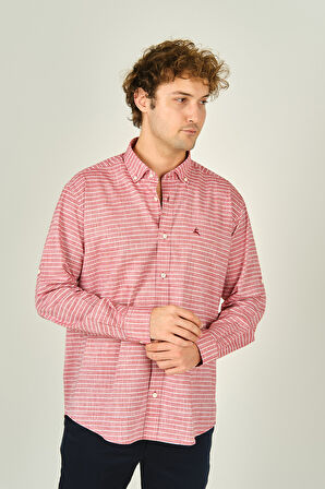 Figs Erkek Slim Fit Çizgili Uzun Kollu %100 Pamuk Gömlek 0015 Kırmızı