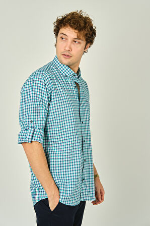 Figs Erkek Slim Fit Ekoseli Uzun Kollu %100 Pamuk Gömlek 0016 Mint