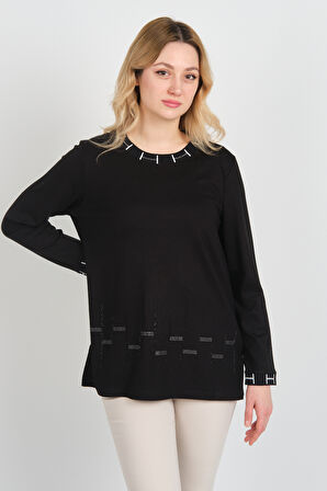 Detay Triko Kadın Taş İşlemeli Kolları ve Yakası Simli Yandan Yırtmaçlı Anne Bluz 5704 Siyah