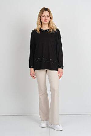 Detay Triko Kadın Taş İşlemeli Kolları ve Yakası Simli Yandan Yırtmaçlı Anne Bluz 5704 Siyah