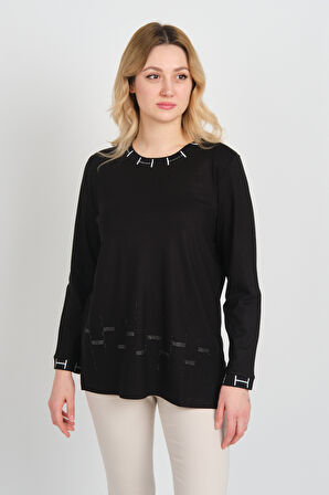 Detay Triko Kadın Taş İşlemeli Kolları ve Yakası Simli Yandan Yırtmaçlı Anne Bluz 5704 Siyah