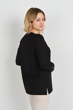 Detay Triko Kadın Taş İşlemeli Kolları ve Yakası Simli Yandan Yırtmaçlı Anne Bluz 5704 Siyah