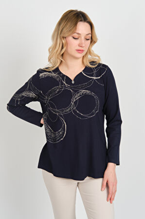 Detay Triko Kadın Uzun Kollu Simli Desenli V Yaka Anne Bluz 5743 Lacivert